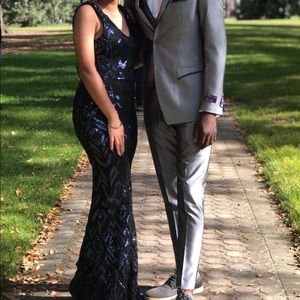 Navy Blue Sequin Prom Pageant Evening Gown Dress